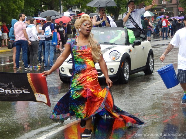 drag queen in a colorful dress, boston pride parade
