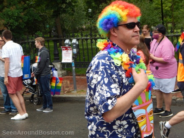 rainbow wig man at boston gay pride parade